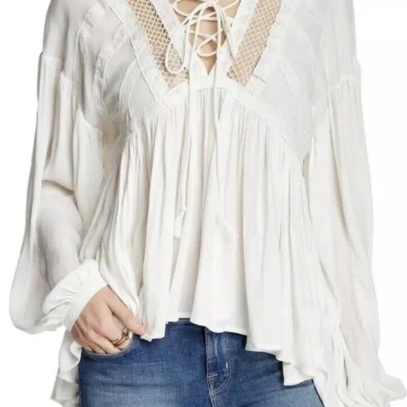 Free People Cream Lace-Up Blouse A0198 - Picture 1 of 4